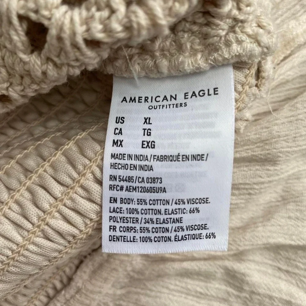 American Eagle cream crochet Smocked Cropped Top Square Neck Puff Sleeve SZ XL